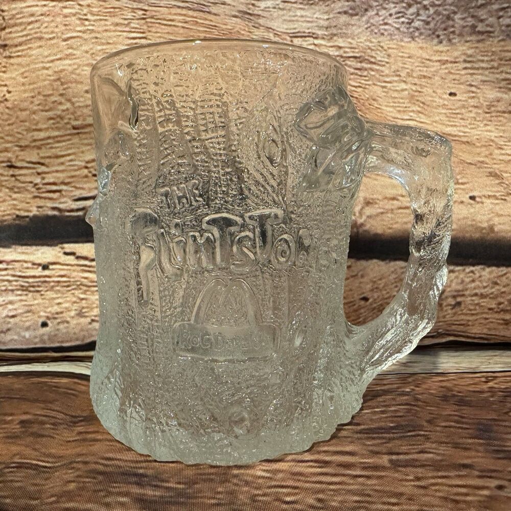 McDonalds Flintstones TreeMENDOUS Glass Mug 1993 Vintage RocDonalds Tree Handle